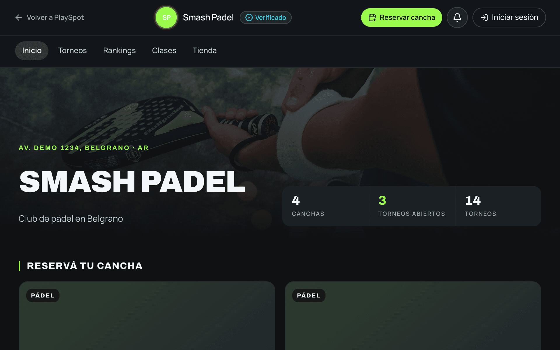 Sitio público de un club con reservas de canchas y top de jugadores