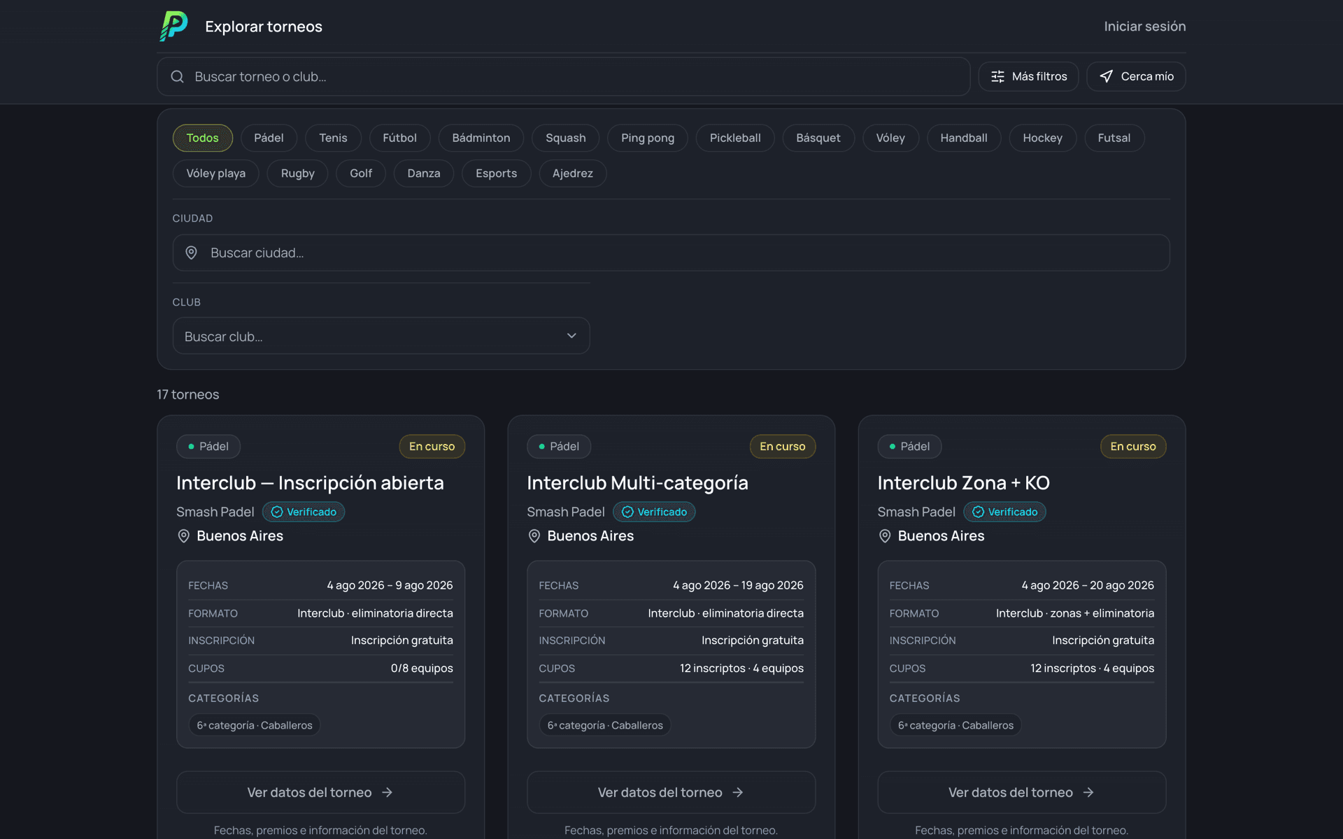 Explorador de torneos de PlaySpot con filtros por deporte, ciudad y club