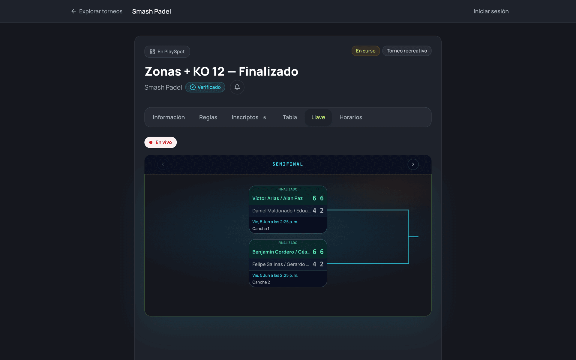 Cuadro de torneo en vivo con resultados y canchas por partido